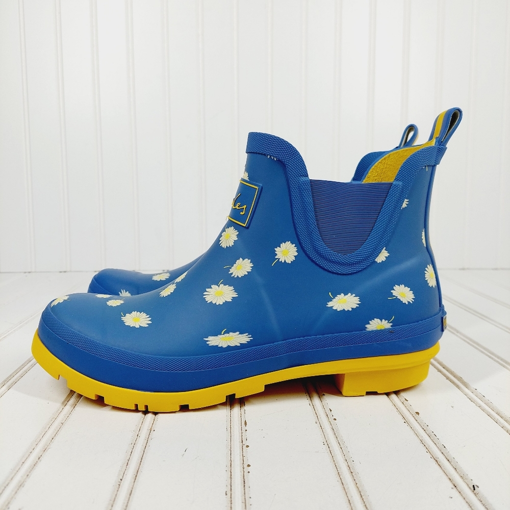 Joules Wellibob Blue Floral Daisy Rain Waterproof Comfort Rubber Short Boots K10